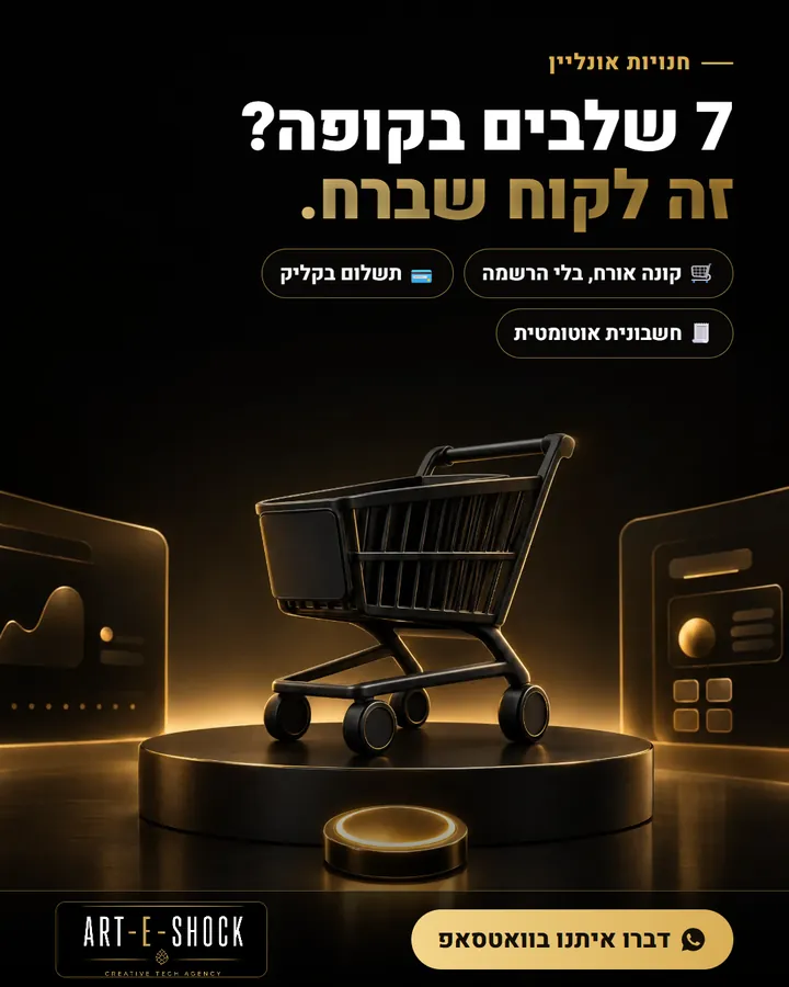 פוסט: 7 שלבים בקופה? זה לקוח שברח. עגלת קניות שחורה על במה מוארת